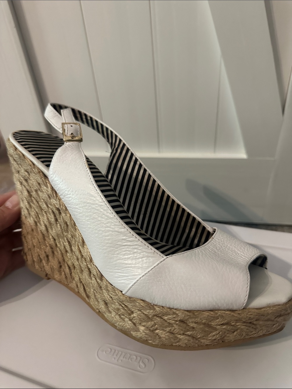 White Leather Peep-Toe Espadrille Wedge Slingback